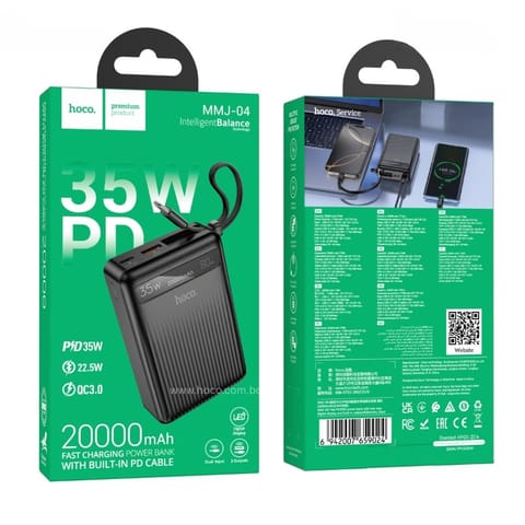 Hoco MMJ-04 20000mAh 35W PD Fast Charging Power Bank with Built-in Type-C Cable, LED Digital Display, QC3.0 & 22.5W Super Fast Charger for iPhone, Samsung, iPad & Type-C Devices