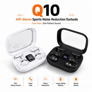 Q10 HiFi Stereo Sports Wireless Earbuds (2 Pairs) – 4-in-1 Combo Set with In-Ear & Open-Ear Clip Design, Bluetooth 5.4, LED Digital Display & IPX4 Waterproof 1