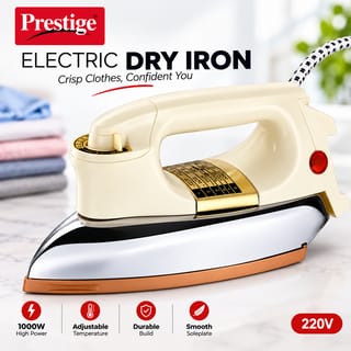 Prestige Heavy Body Dry Iron 1000W – Fast Heating Non-Stick Soleplate Press for Smooth, Wrinkle-Free & Effortless Daily Clothing Ironing 1