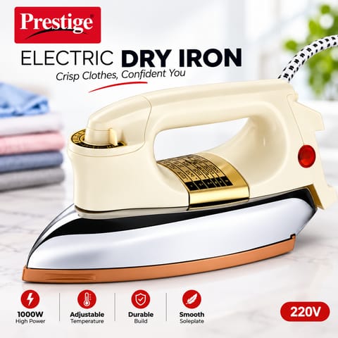 Prestige Heavy Body Dry Iron 1000W – Fast Heating Non-Stick Soleplate Press for Smooth, Wrinkle-Free & Effortless Daily Clothing Ironing