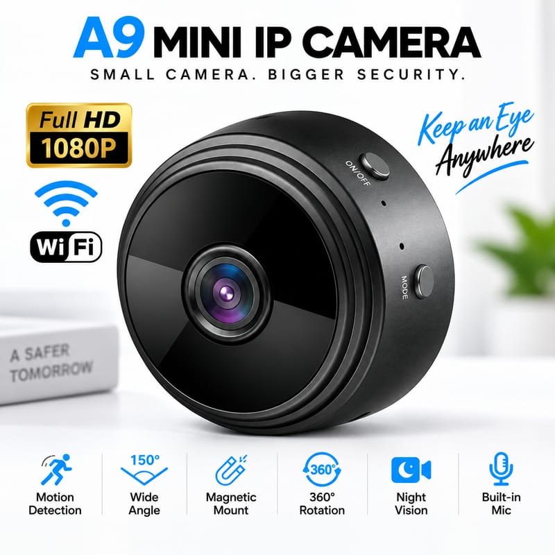 A9 Wi-Fi Night Vision Mini IP Camera – 1080P HD Wireless Security CCTV with 180° Wide-Angle Lens, Motion Detection, Loop Recording & Built-in Mic