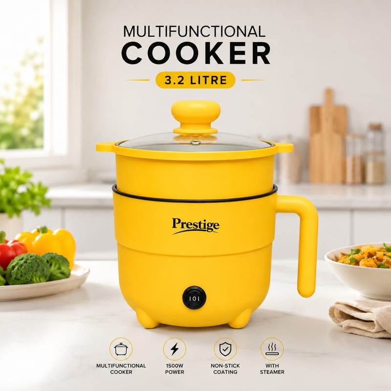 Prestige 3.2L Multifunctional Electric Cooker – 1500W Energy-Saving Non-Stick Multi Cooker with Steamer Tray for Fry, Curry, Noodles & Steaming