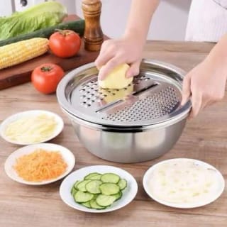 3Pcs Stainless Steel Drain Basket & Multifunctional Vegetable Cutter Set (26cm) 1