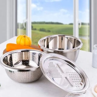 3Pcs Stainless Steel Drain Basket & Multifunctional Vegetable Cutter Set (26cm) 2
