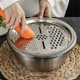 3Pcs Stainless Steel Drain Basket & Multifunctional Vegetable Cutter Set (26cm) 3