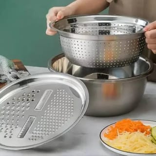 3Pcs Stainless Steel Drain Basket & Multifunctional Vegetable Cutter Set (26cm) 4