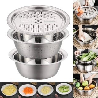 3Pcs Stainless Steel Drain Basket & Multifunctional Vegetable Cutter Set (26cm) 5