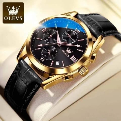 OLEVS Leather Waterproof Quartz Premium Fashion Watch for Men
