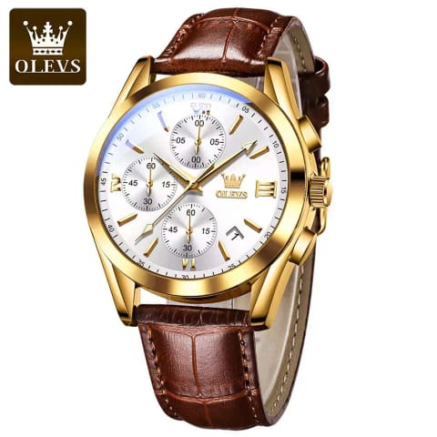 OLEVS Leather Waterproof Quartz Premium Fashion Watch for Men