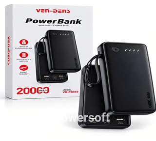 VEN-DENS VD-PB059 20000mAh Power Bank with Built-in Charging CablesVEN-DENS VD-PB059 20000mAh Power Bank with Built-in Charging Cables	ব্যাটারি ক্যাপাসিটি: ২০,০০০ mAh (20000 mAh) উচ্চ ক্ষমতাসম্পন্ন ব্যাটারি, যা দিয়ে একাধিকবার ফোন চার্জ করা সম্ভব।	বিল্ট-ইন চার্জিং কেবল (Built-in Cable): পাওয়ার ব্যাংকের সাথেই ক্যাবল যুক্ত করা আছে, ফলে আলাদা তার বহন করার ঝামেলা নেই।	উন্নত মানের ব্যাটারি (High-Quality Battery): দীর্ঘস্থায়ী ও নিরাপদ চার্জিংয়ের জন্য হাই-কোয়ালিটি সেল ব্যবহার করা হয়েছে।	ফ্লাইট ফ্রেন্ডলি (Flight Friendly): বিমানে ভ্রমণের সময় হাতব্যাগে নিরাপদে বহন করার উপযোগী।	এলইডি ইন্ডিকেটর (LED Indicator): ব্যাটারিতে কতটুকু চার্জ অবশিষ্ট আছে তা বোঝার জন্য ৪টি এলইডি লাইট রয়েছে।	বহনযোগ্য ডিজাইন: সহজে হাতে ঝুলিয়ে বা ব্যাগের সাথে নিয়ে ঘোরার জন্য মজবুত ল্যানইয়ার্ড/স্ট্র্যাপ রয়েছে। 1
