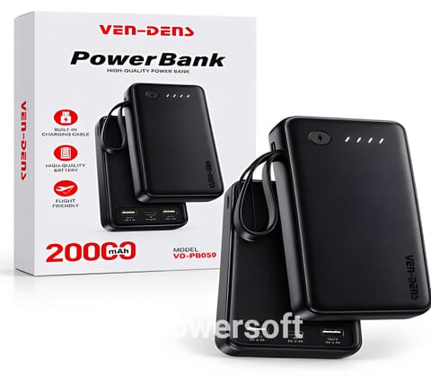 VEN-DENS VD-PB059 20000mAh Power Bank with Built-in Charging CablesVEN-DENS VD-PB059 20000mAh Power Bank with Built-in Charging Cables	ব্যাটারি ক্যাপাসিটি: ২০,০০০ mAh (20000 mAh) উচ্চ ক্ষমতাসম্পন্ন ব্যাটারি, যা দিয়ে একাধিকবার ফোন চার্জ করা সম্ভব।	বিল্ট-ইন চার্জিং কেবল (Built-in Cable): পাওয়ার ব্যাংকের সাথেই ক্যাবল যুক্ত করা আছে, ফলে আলাদা তার বহন করার ঝামেলা নেই।	উন্নত মানের ব্যাটারি (High-Quality Battery): দীর্ঘস্থায়ী ও নিরাপদ চার্জিংয়ের জন্য হাই-কোয়ালিটি সেল ব্যবহার করা হয়েছে।	ফ্লাইট ফ্রেন্ডলি (Flight Friendly): বিমানে ভ্রমণের সময় হাতব্যাগে নিরাপদে বহন করার উপযোগী।	এলইডি ইন্ডিকেটর (LED Indicator): ব্যাটারিতে কতটুকু চার্জ অবশিষ্ট আছে তা বোঝার জন্য ৪টি এলইডি লাইট রয়েছে।	বহনযোগ্য ডিজাইন: সহজে হাতে ঝুলিয়ে বা ব্যাগের সাথে নিয়ে ঘোরার জন্য মজবুত ল্যানইয়ার্ড/স্ট্র্যাপ রয়েছে।