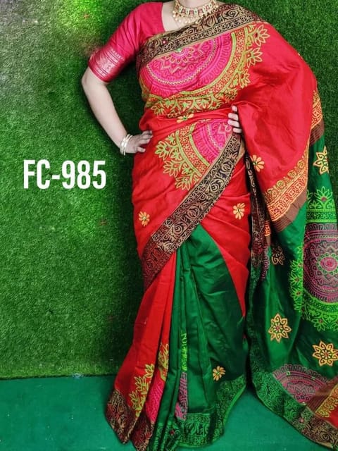 হ্যান্ডপ্রিন্ট হাফসিল্ক শাড়ী