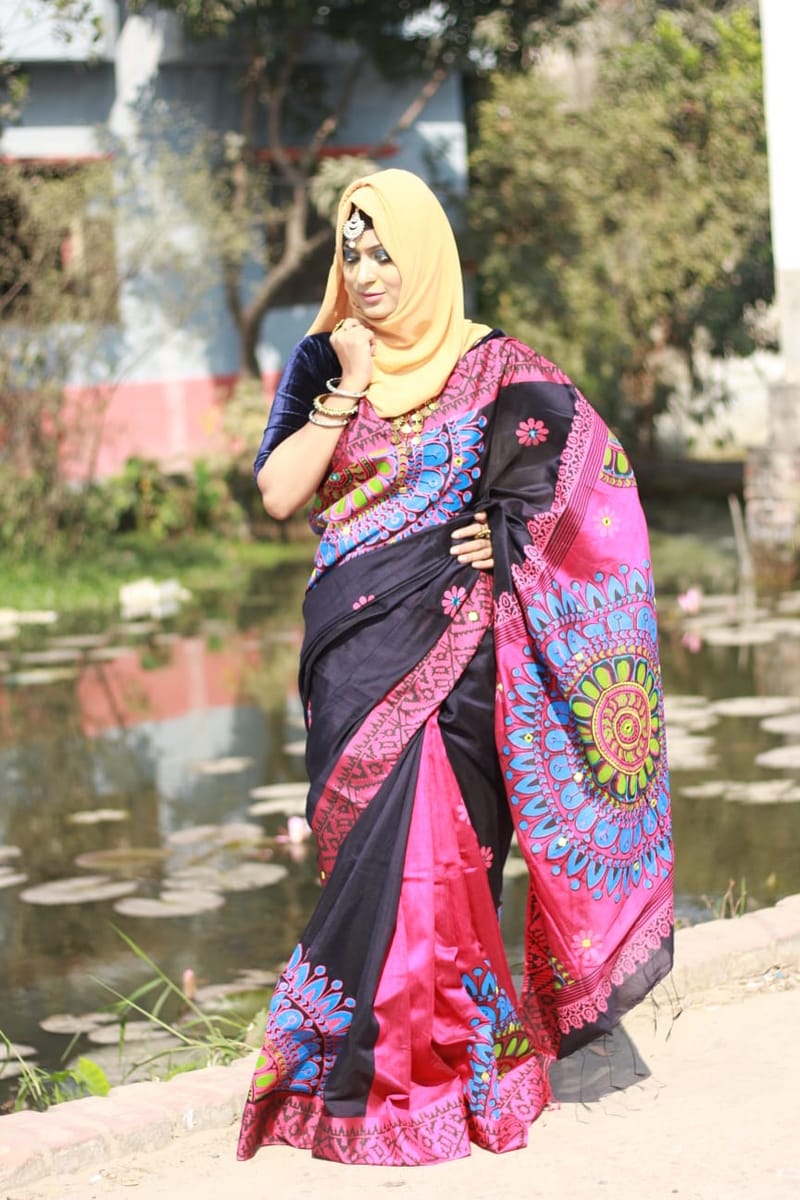 হ্যান্ডপ্রিন্ট হাফসিল্ক শাড়ী
