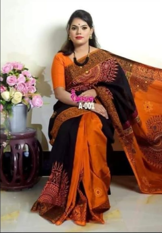 হ্যান্ডপ্রিন্ট হাফসিল্ক শাড়ী