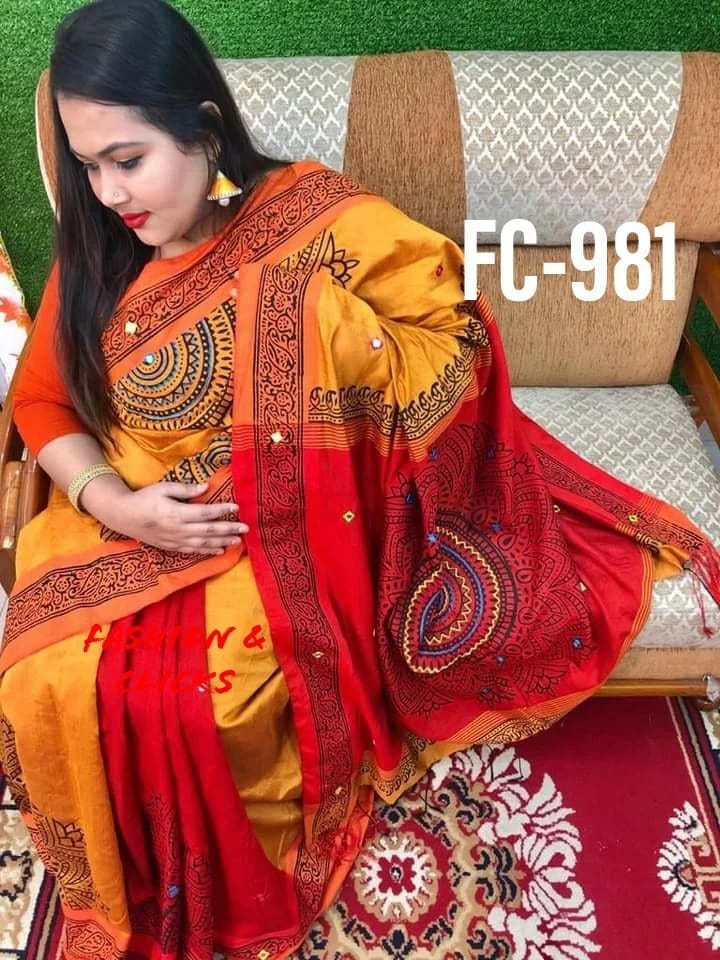 হ্যান্ডপ্রিন্ট হাফসিল্ক শাড়ী