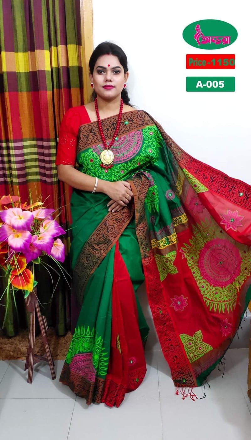 হ্যান্ডপ্রিন্ট হাফসিল্ক শাড়ী