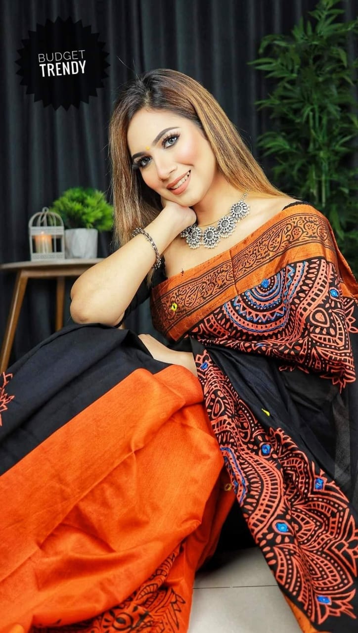 হ্যান্ডপ্রিন্ট হাফসিল্ক শাড়ী