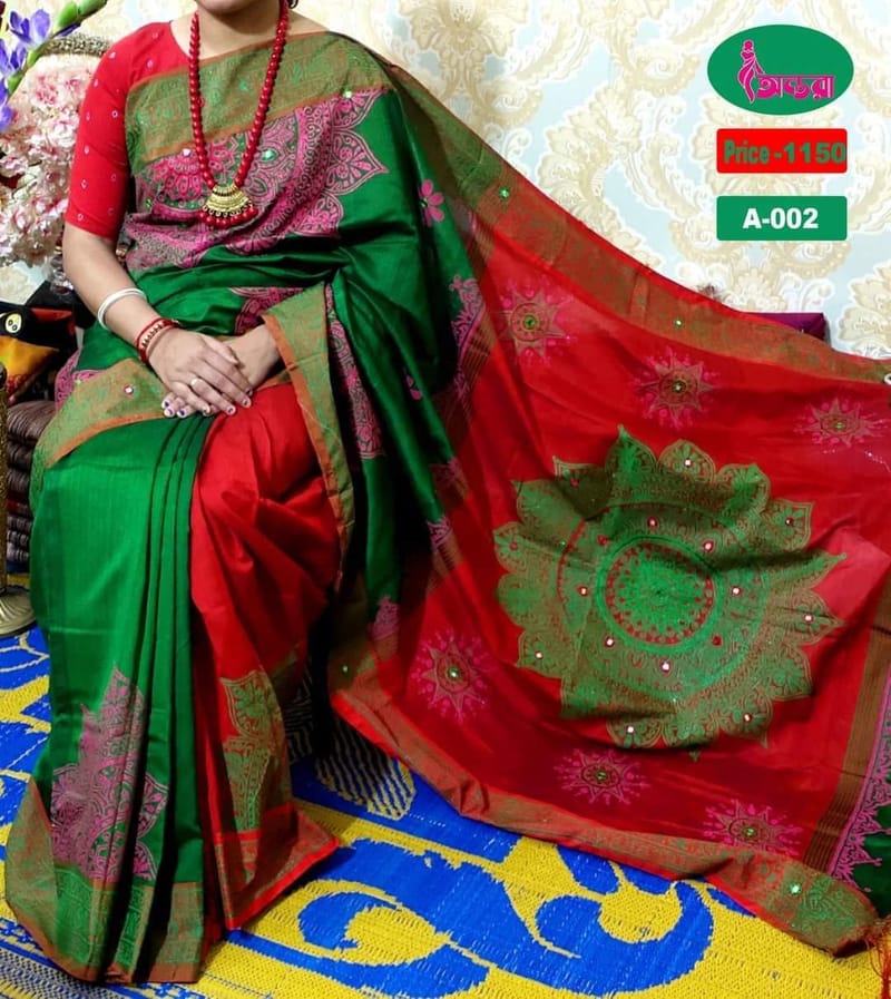 হ্যান্ডপ্রিন্ট হাফসিল্ক শাড়ী