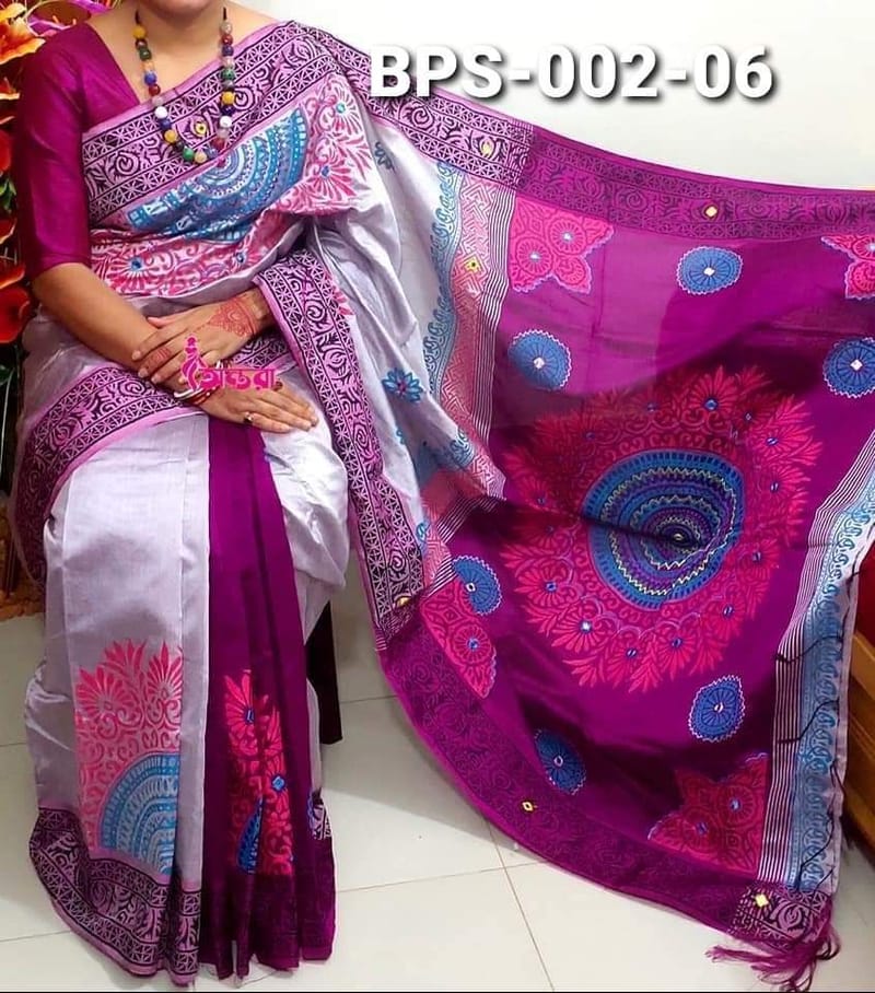 হ্যান্ডপ্রিন্ট হাফসিল্ক শাড়ী