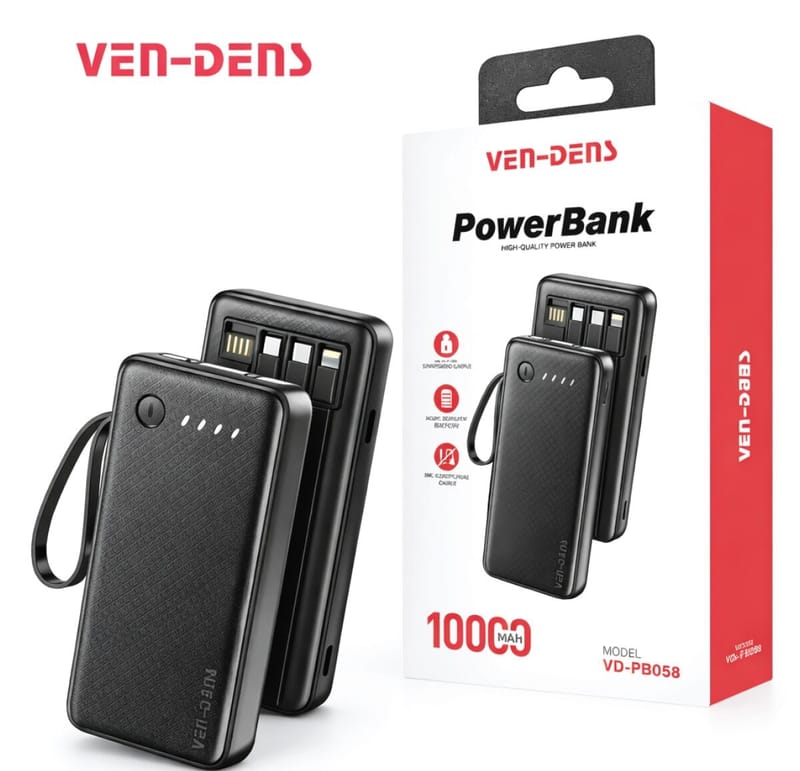 Ven-Dens VD-PB058 10000mAh High-Quality Portable Power Bank with Built-in Cables & Hanging Strap