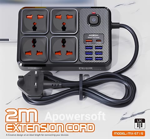 MOXOM MX-ST17 Power Strip 4 Socket 7 USB + 1Type-C 20W 2m Black
