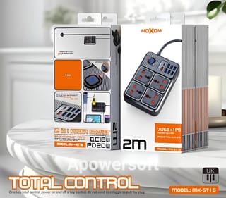 MOXOM MX-ST17 Power Strip 4 Socket 7 USB + 1Type-C 20W 2m Black 2