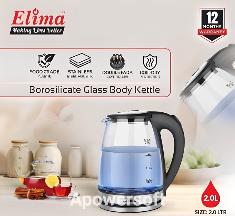 Elima EMK-222G Cordless Electric Glass Body Kettle - 2 Liter